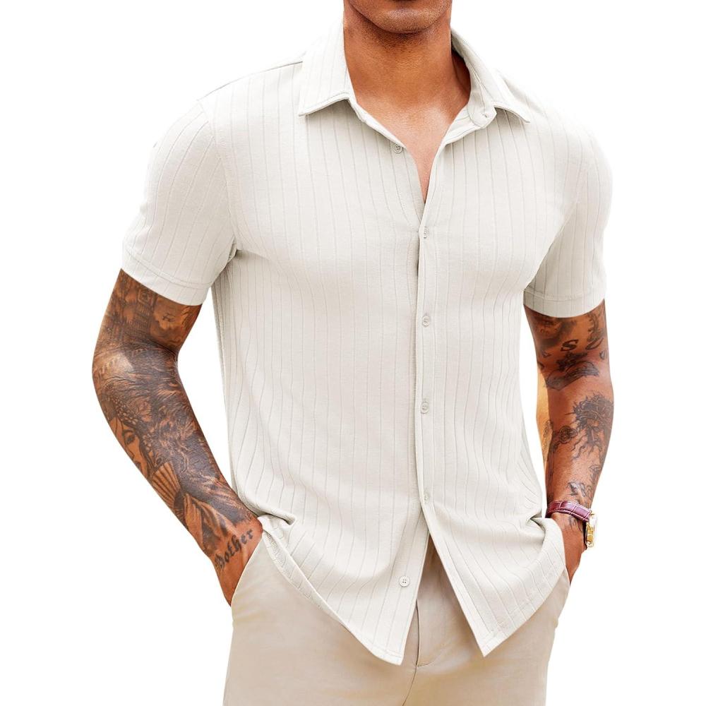 imageRuncati Mens Knit Button Down Shirts Short Sleeve Polo Shirt Vintage Summer Casual Beach Ribbed Textured TopsBeige
