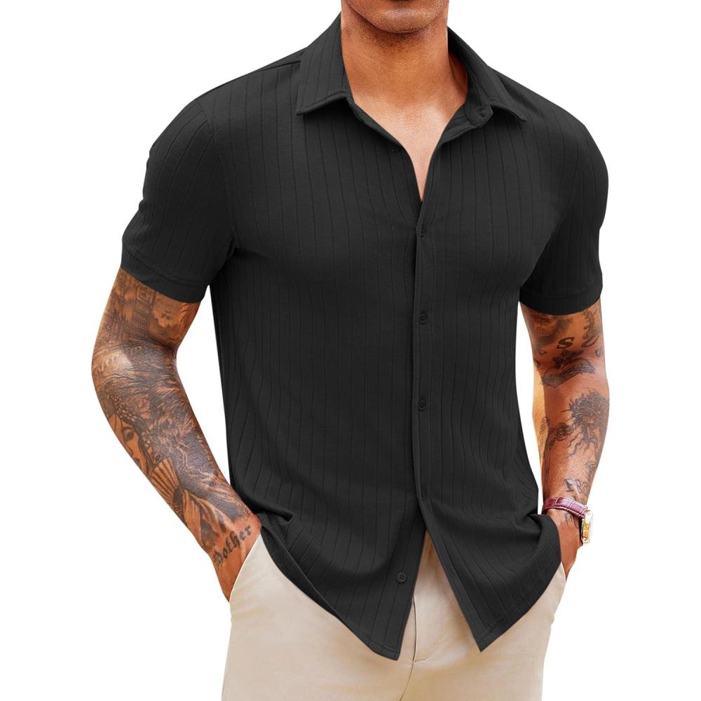 imageRuncati Mens Knit Button Down Shirts Short Sleeve Polo Shirt Vintage Summer Casual Beach Ribbed Textured TopsBlack
