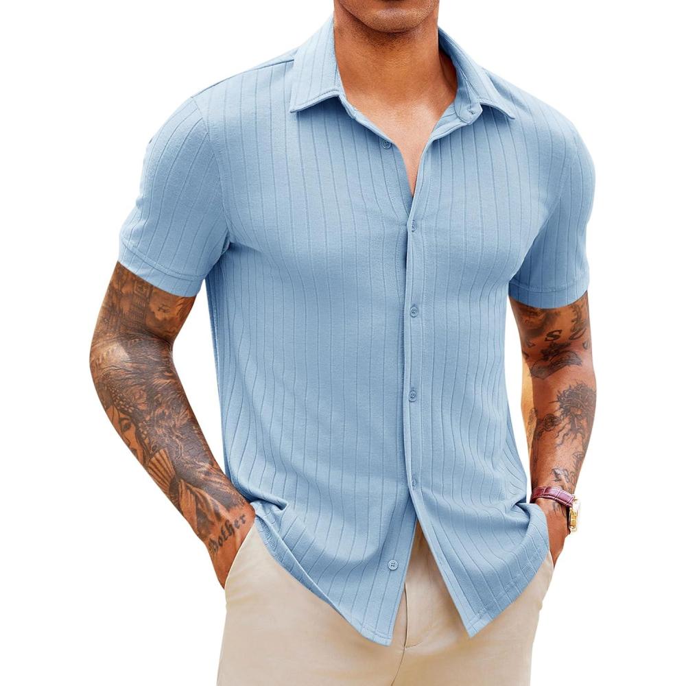 imageRuncati Mens Knit Button Down Shirts Short Sleeve Polo Shirt Vintage Summer Casual Beach Ribbed Textured TopsLight Blue