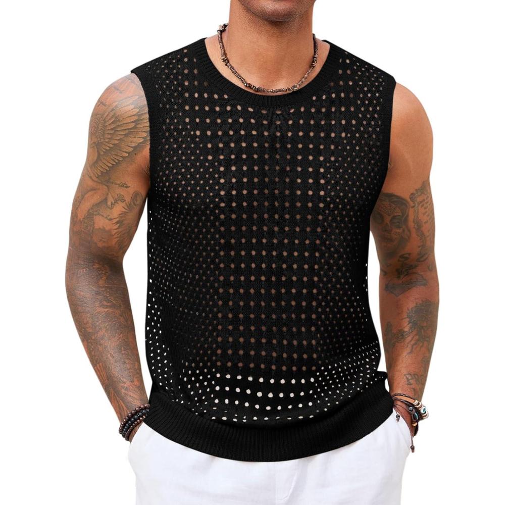 imageRuncati Mens Knit Sleeveless Tank Tops Casual Hollow Out T Shirts Beach Summer See Through TopsBlack