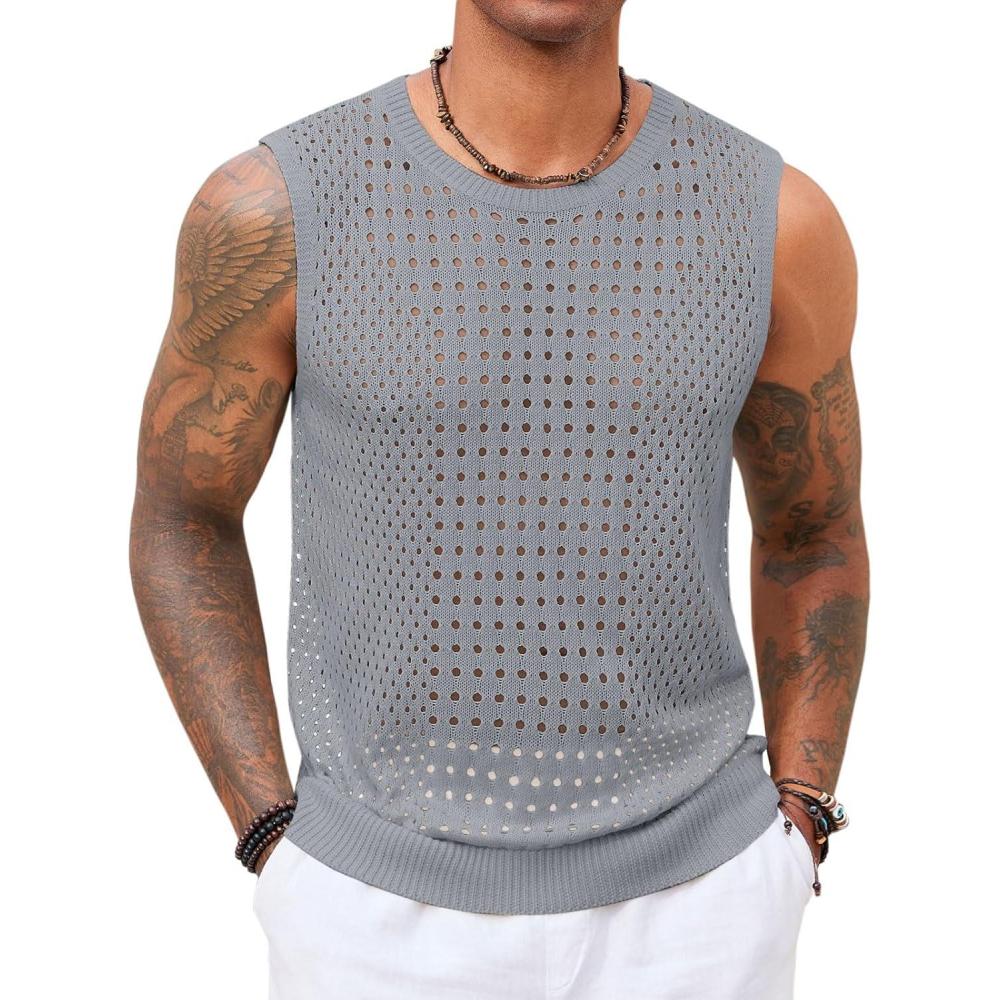 imageRuncati Mens Knit Sleeveless Tank Tops Casual Hollow Out T Shirts Beach Summer See Through TopsGrey