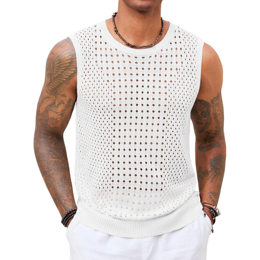 imageRuncati Mens Knit Sleeveless Tank Tops Casual Hollow Out T Shirts Beach Summer See Through TopsWhite