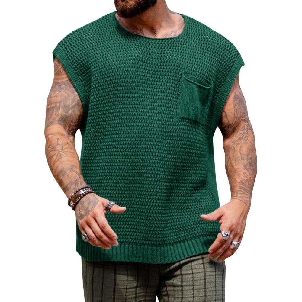 imageRuncati Mens Knitted Tank Tops Casual Crochet Cap Sleeve TShirts Summer Beach Hippie Sweater Vest