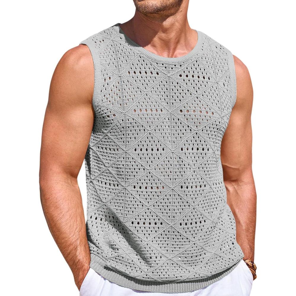 imageRuncati Mens Knitted Tank Tops Casual Sleeveless Hollow Out Crochet TShirts Muscle Summer Beach Hippie ShirtsGray