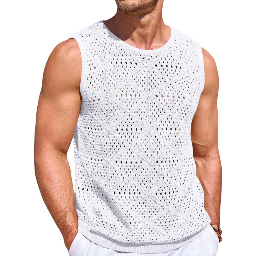 imageRuncati Mens Knitted Tank Tops Casual Sleeveless Hollow Out Crochet TShirts Muscle Summer Beach Hippie ShirtsWhite