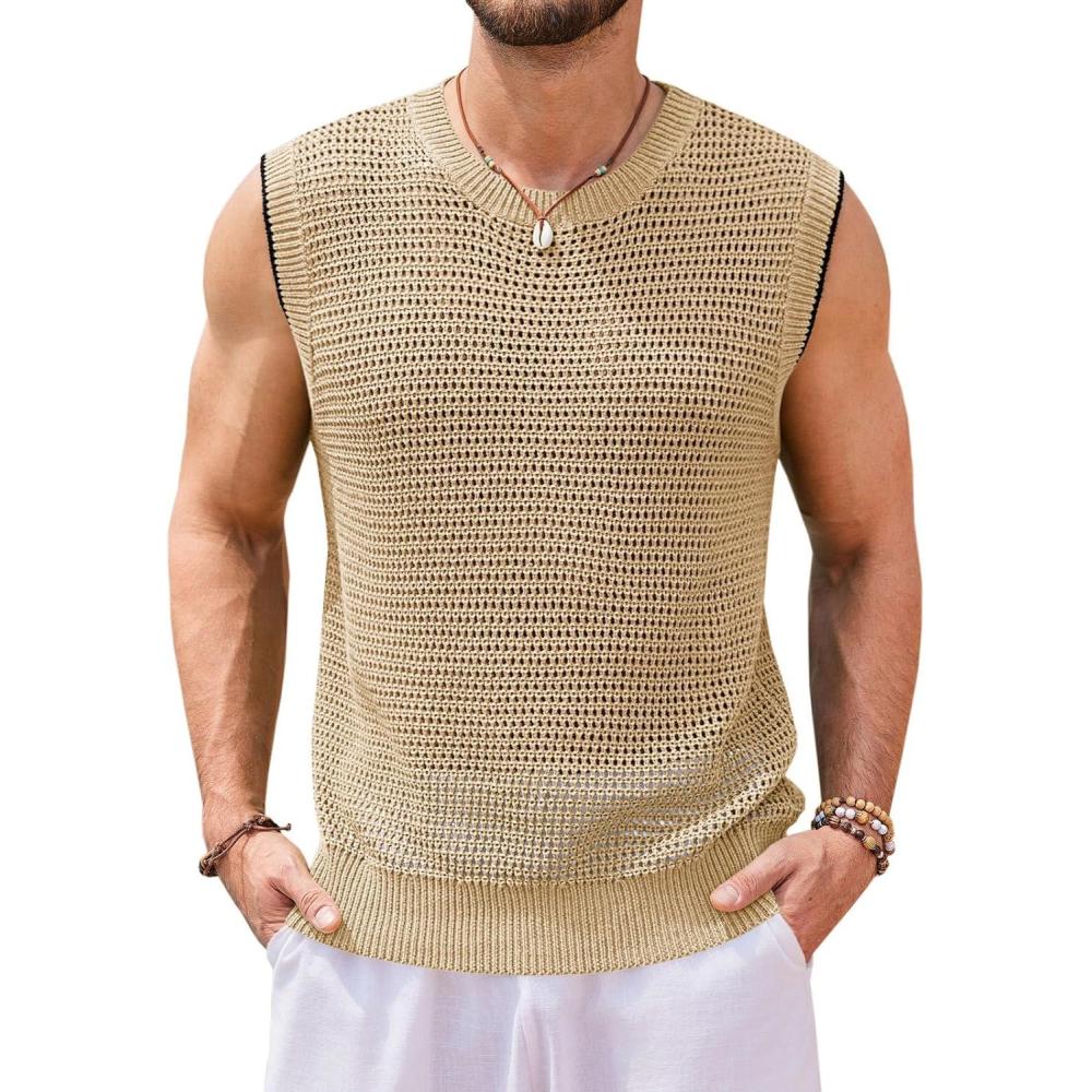 imageRuncati Mens Knitted Tank Tops Sleeveless Crochet See Through TShirts Muscle Summer Beach Hippie ShirtsKhaki