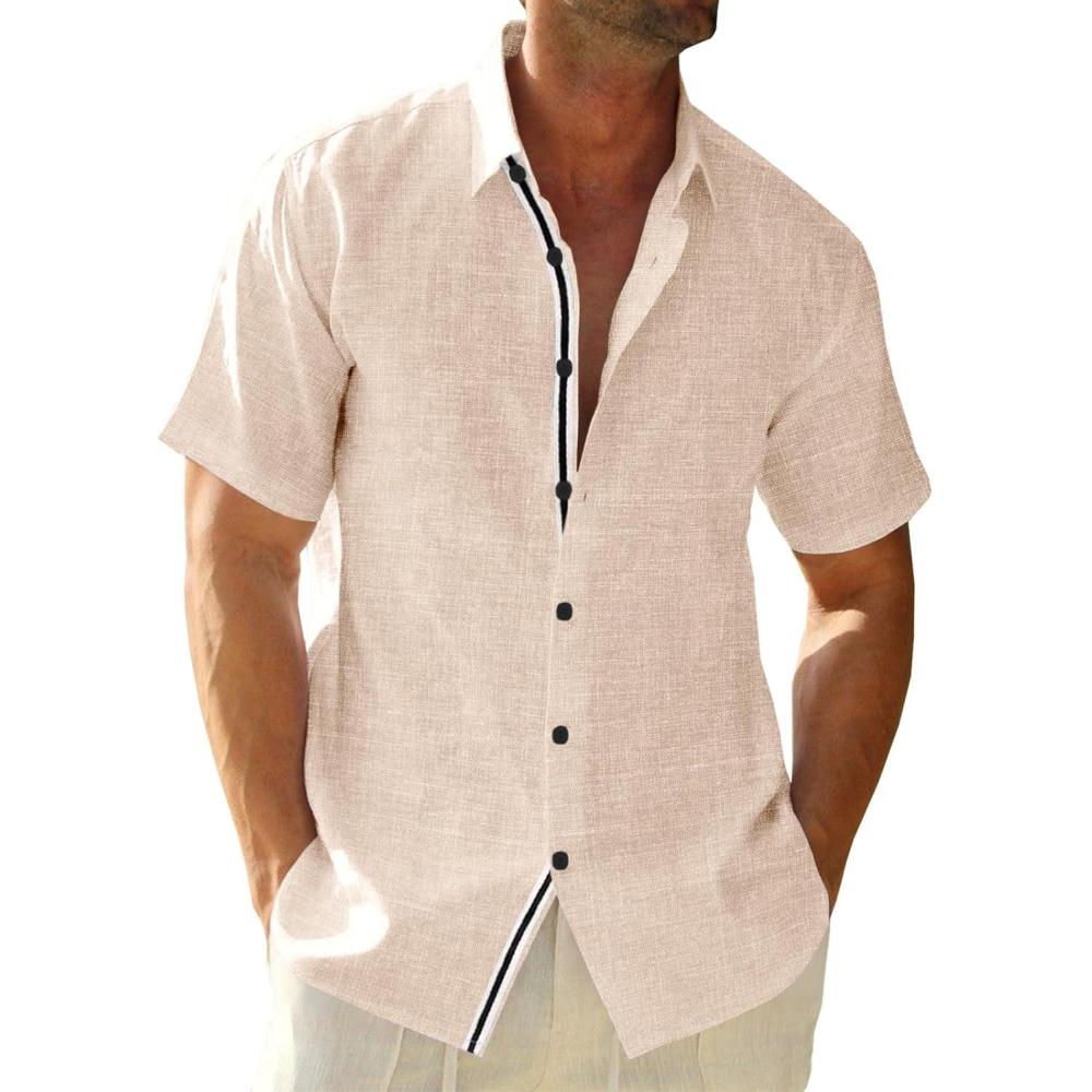 imageRuncati Mens Linen Button Down Shirt Short Sleeve Casual Lightweight Summer Beach Shirts Vacation Wedding TopsApricot