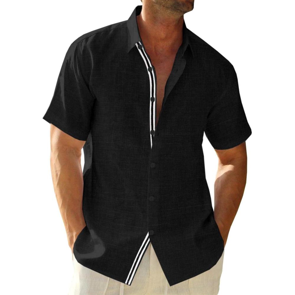 imageRuncati Mens Linen Button Down Shirt Short Sleeve Casual Lightweight Summer Beach Shirts Vacation Wedding TopsBlack