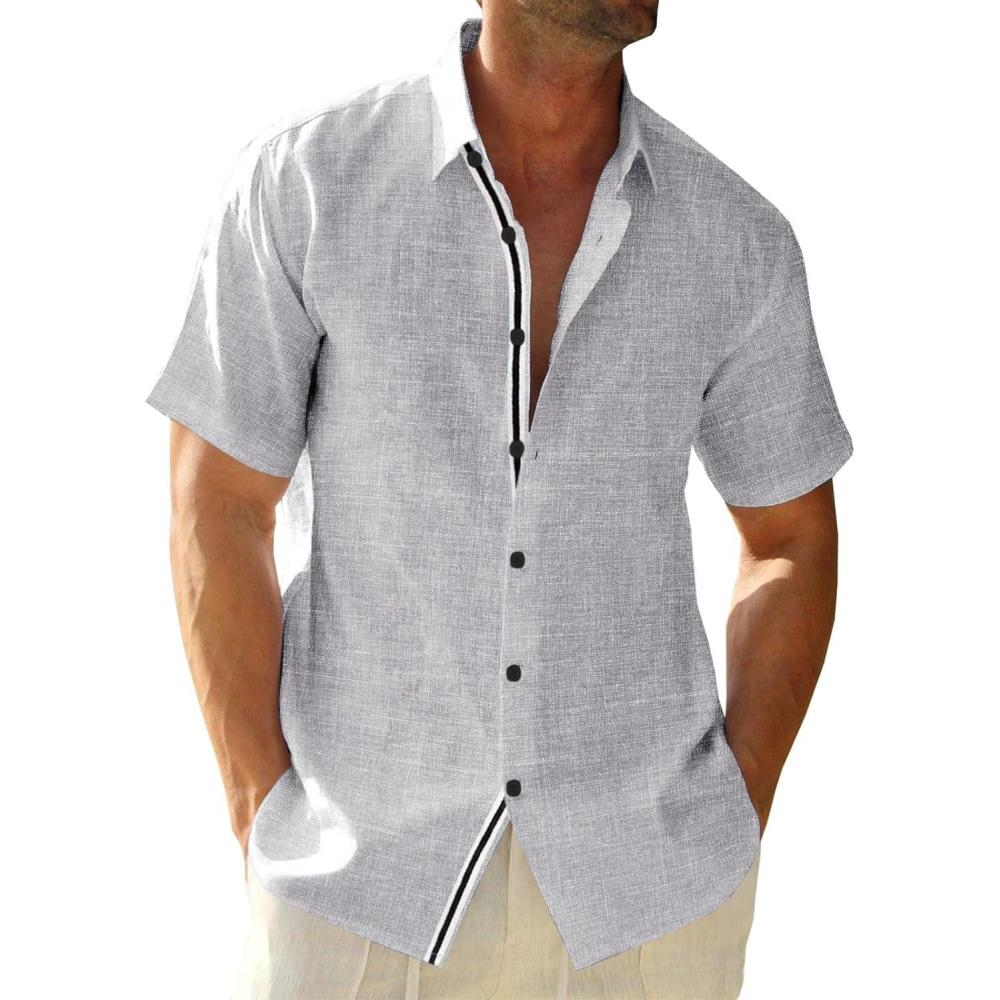 imageRuncati Mens Linen Button Down Shirt Short Sleeve Casual Lightweight Summer Beach Shirts Vacation Wedding TopsGrey