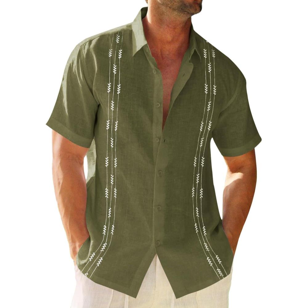 imageRuncati Mens Linen Shirt Guayabera Cuban Short Sleeve Button Down Cotton Summer Beach Hippie ShirtsArmy Green