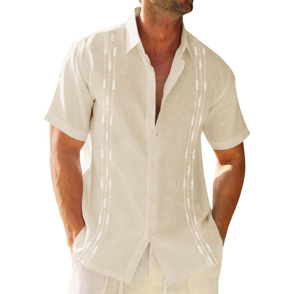 imageRuncati Mens Linen Shirt Guayabera Cuban Short Sleeve Button Down Cotton Summer Beach Hippie ShirtsBeige