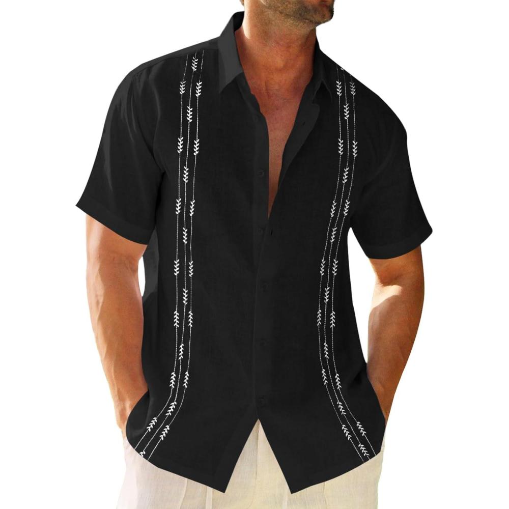imageRuncati Mens Linen Shirt Guayabera Cuban Short Sleeve Button Down Cotton Summer Beach Hippie ShirtsBlack