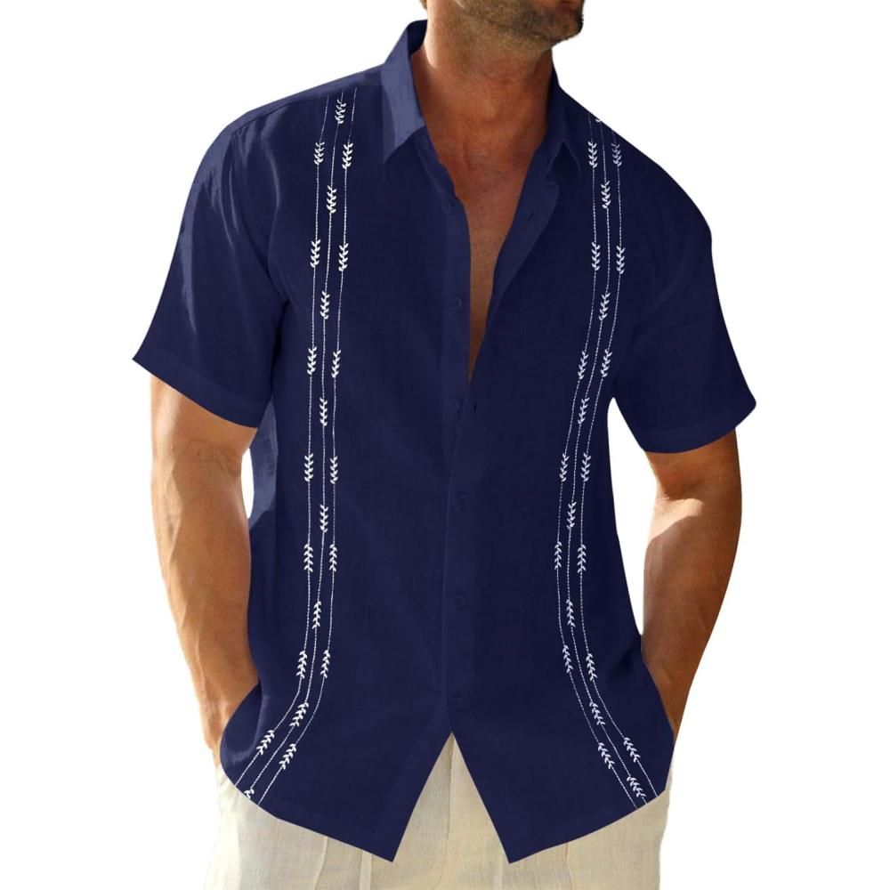 imageRuncati Mens Linen Shirt Guayabera Cuban Short Sleeve Button Down Cotton Summer Beach Hippie ShirtsNavy
