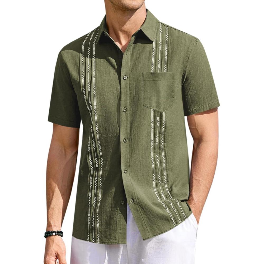 imageRuncati Mens Linen Shirt Guayabera Cuban Short Sleeve Button Down Summer Beach Hippie ShirtsArmy Green