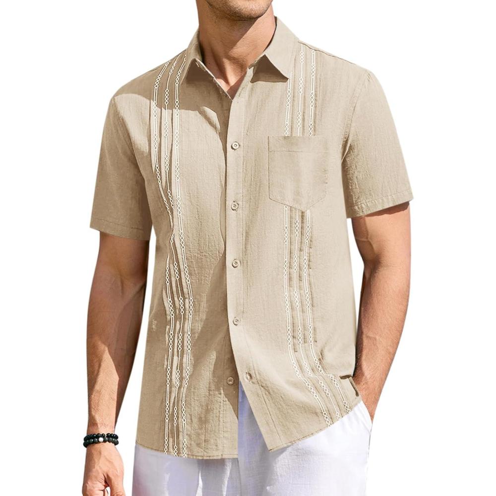 imageRuncati Mens Linen Shirt Guayabera Cuban Short Sleeve Button Down Summer Beach Hippie ShirtsBeige