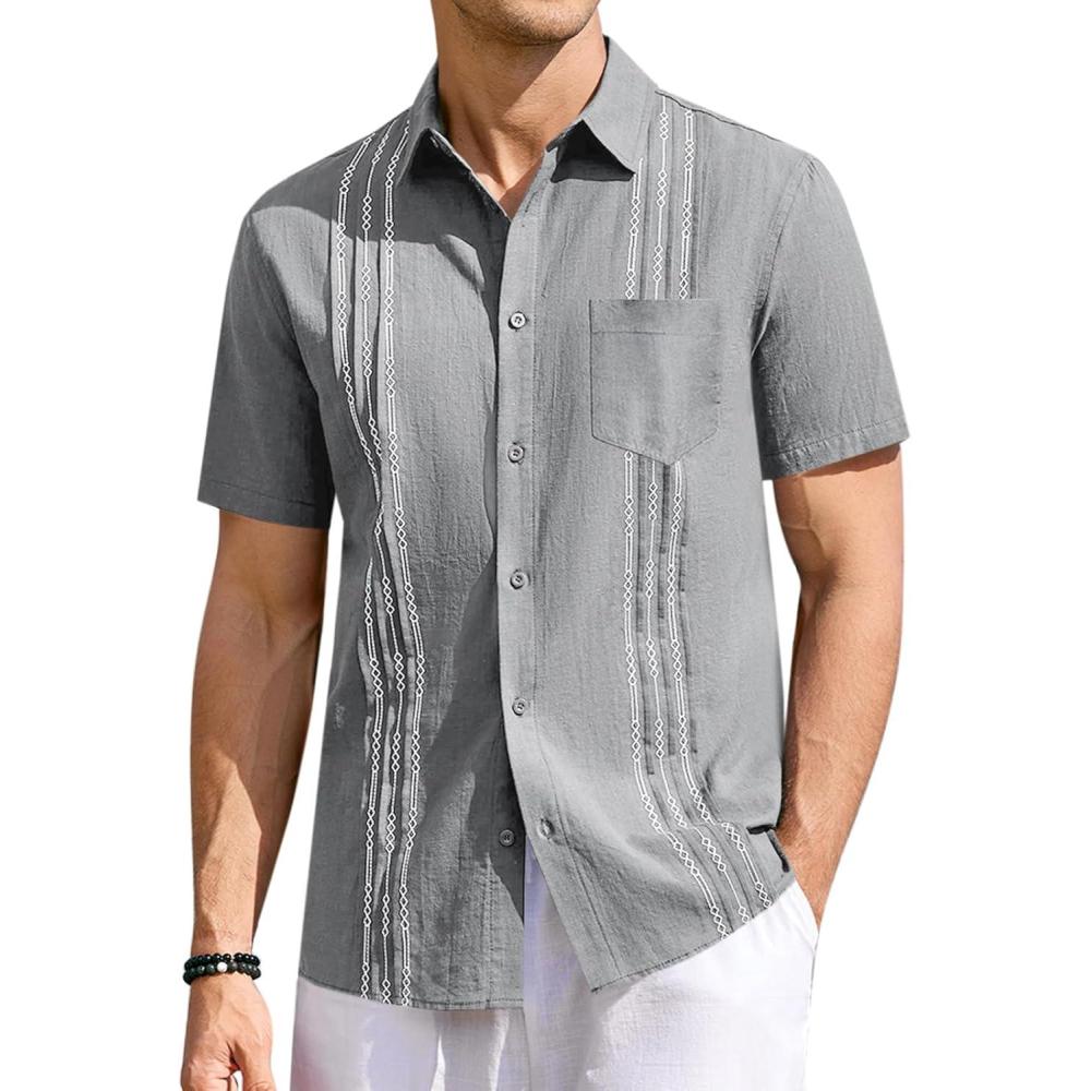 imageRuncati Mens Linen Shirt Guayabera Cuban Short Sleeve Button Down Summer Beach Hippie ShirtsGrey