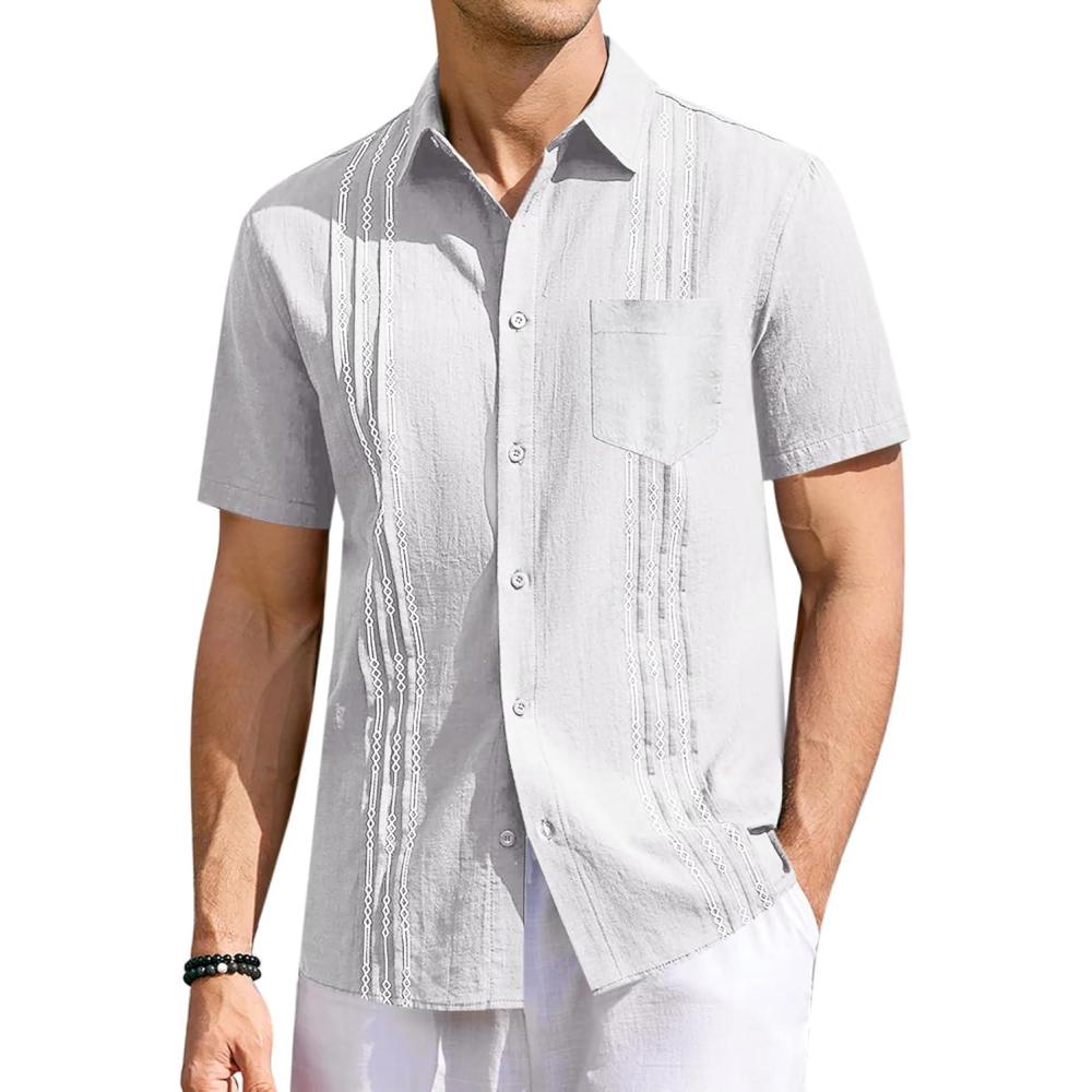 imageRuncati Mens Linen Shirt Guayabera Cuban Short Sleeve Button Down Summer Beach Hippie ShirtsWhite