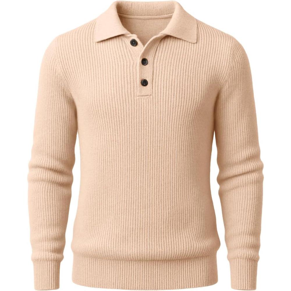 imageRuncati Mens Long Sleeve Polo Sweater Knit Polos V Neck Casual Dress Button Collared Pullover SweatersBeige