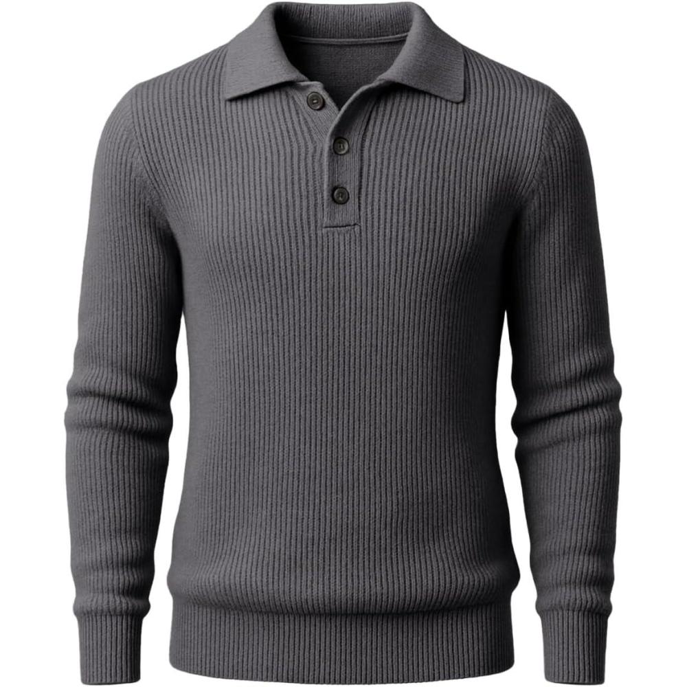 imageRuncati Mens Long Sleeve Polo Sweater Knit Polos V Neck Casual Dress Button Collared Pullover SweatersDark Grey