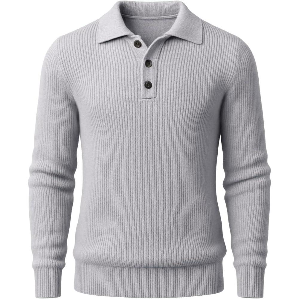 imageRuncati Mens Long Sleeve Polo Sweater Knit Polos V Neck Casual Dress Button Collared Pullover SweatersLight Grey