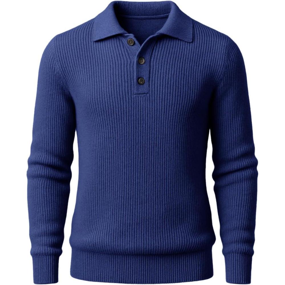 imageRuncati Mens Long Sleeve Polo Sweater Knit Polos V Neck Casual Dress Button Collared Pullover SweatersNavy