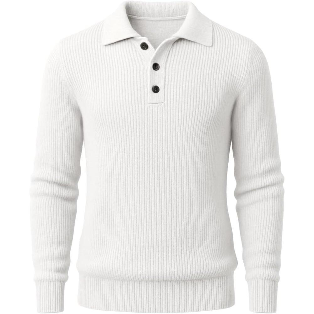 imageRuncati Mens Long Sleeve Polo Sweater Knit Polos V Neck Casual Dress Button Collared Pullover SweatersWhite