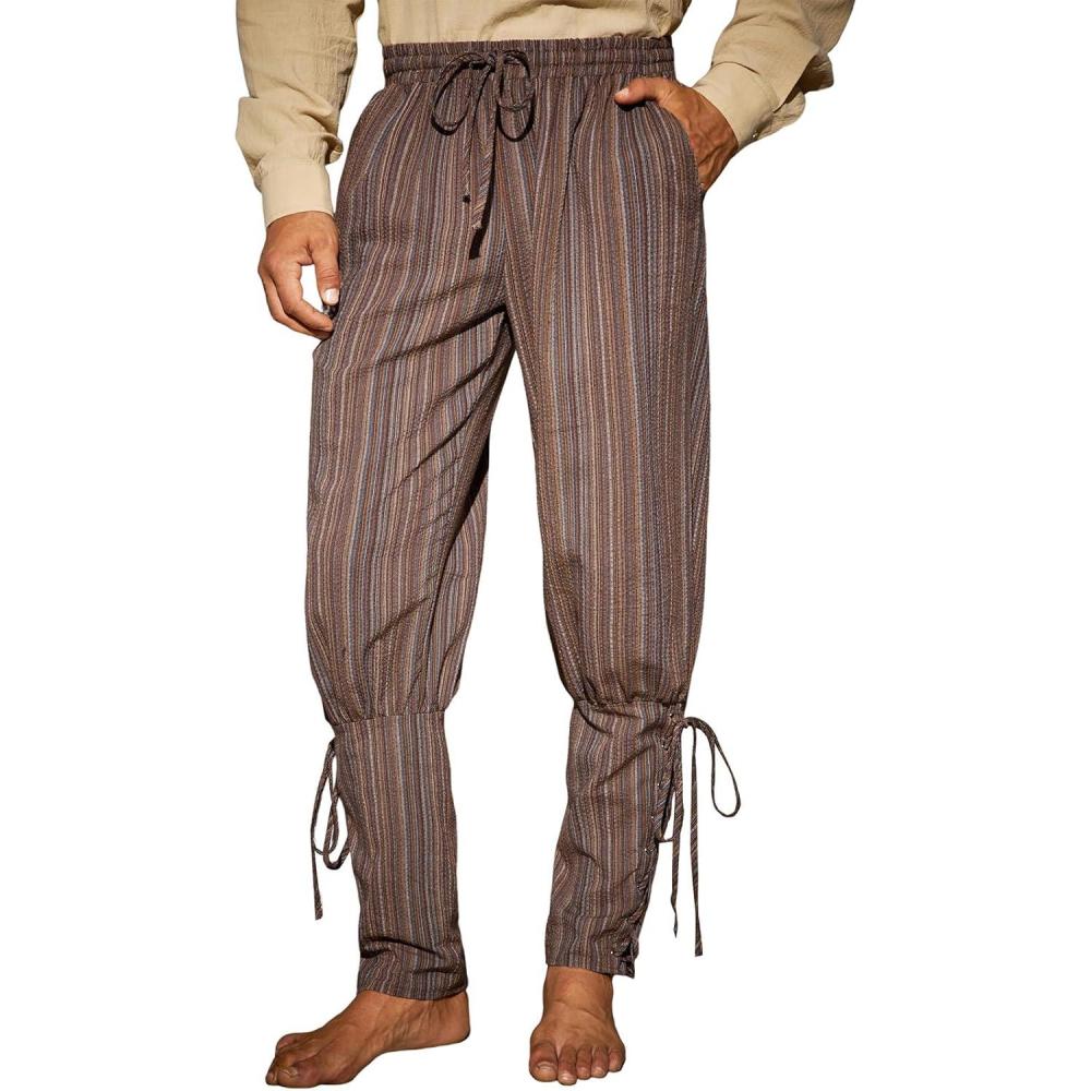 imageRuncati Mens Medieval Ankle Pants Renaissance Viking Navigator Pirate Pants Lace Up Striped Halloween Costume TrousersBrown