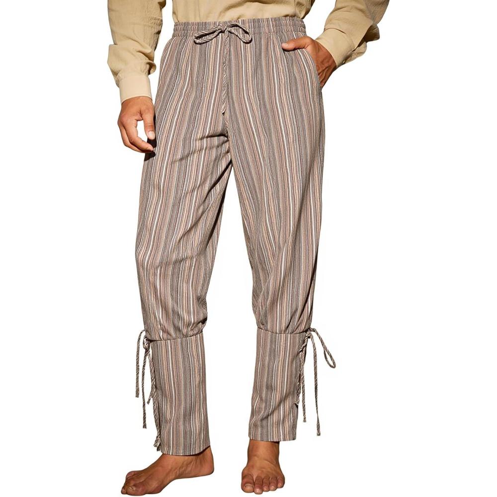 imageRuncati Mens Medieval Ankle Pants Renaissance Viking Navigator Pirate Pants Lace Up Striped Halloween Costume TrousersKhaki