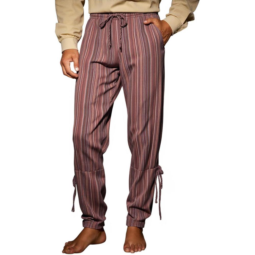 imageRuncati Mens Medieval Ankle Pants Renaissance Viking Navigator Pirate Pants Lace Up Striped Halloween Costume TrousersWine Red