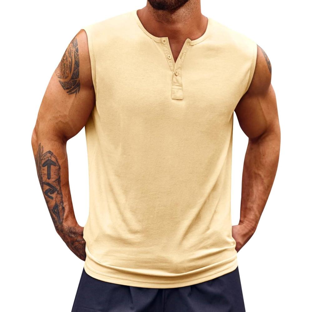 imageRuncati Mens Muscle Tank Tops Sleeveless Workout Gym Slim Fit Henley Shirt Casual Basic Summer Beach TopsApricot