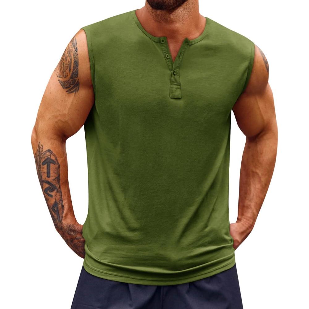 imageRuncati Mens Muscle Tank Tops Sleeveless Workout Gym Slim Fit Henley Shirt Casual Basic Summer Beach TopsArmy Green