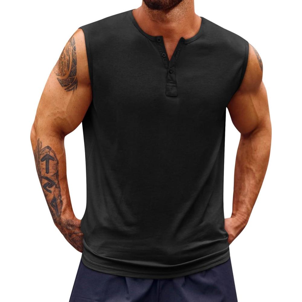 imageRuncati Mens Muscle Tank Tops Sleeveless Workout Gym Slim Fit Henley Shirt Casual Basic Summer Beach TopsBlack