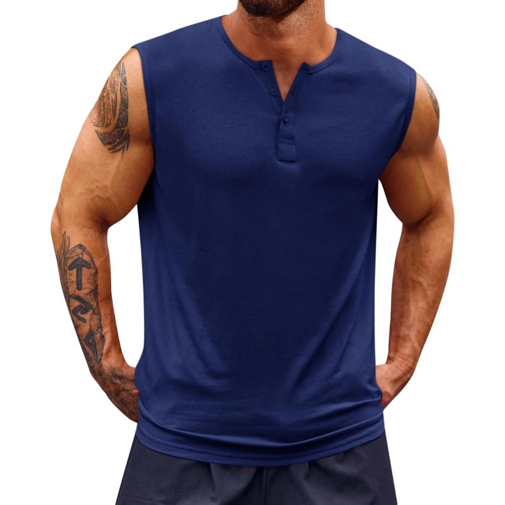imageRuncati Mens Muscle Tank Tops Sleeveless Workout Gym Slim Fit Henley Shirt Casual Basic Summer Beach TopsNavy