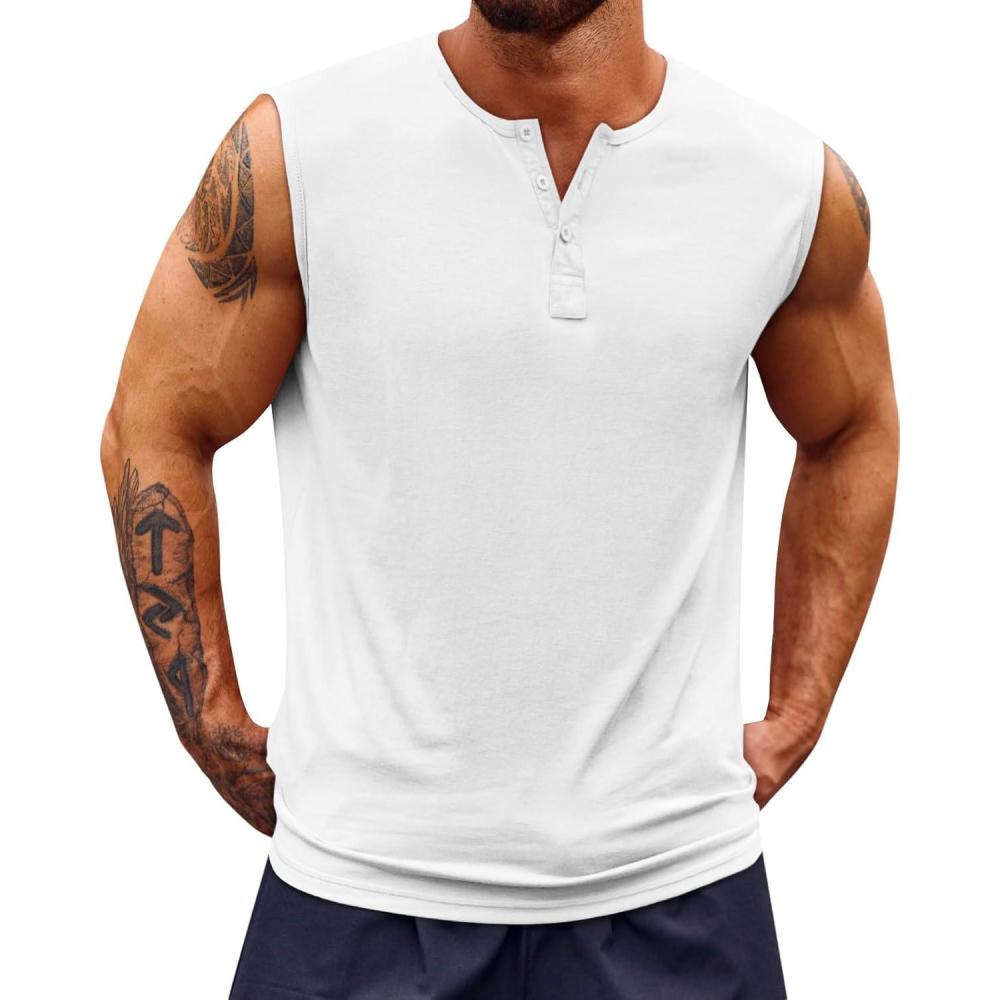 imageRuncati Mens Muscle Tank Tops Sleeveless Workout Gym Slim Fit Henley Shirt Casual Basic Summer Beach TopsWhite