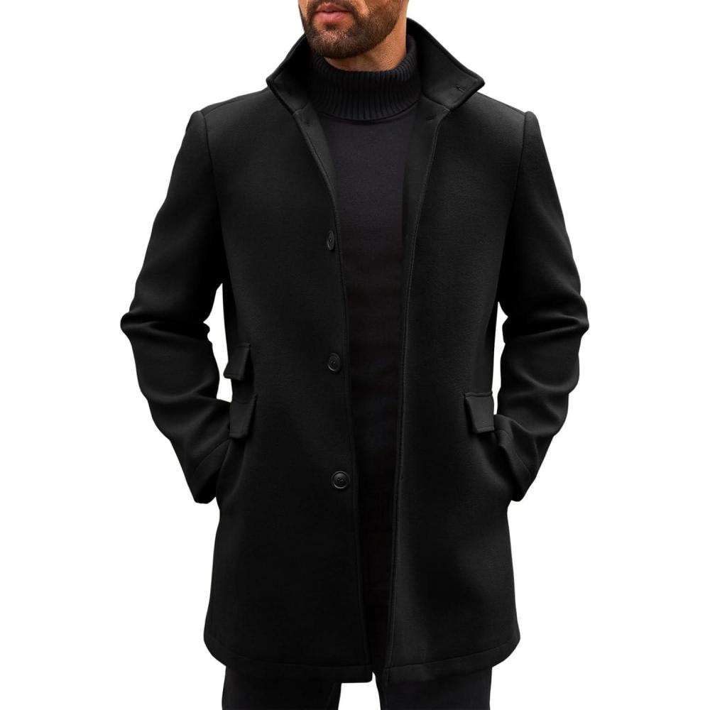 imageRuncati Mens Pea Coats Single Breasted Stand Collar Casual Slim Fit Trench Coat Mid Long Winter Overcoat with PocketsBlack