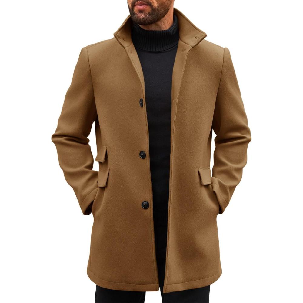 imageRuncati Mens Pea Coats Single Breasted Stand Collar Casual Slim Fit Trench Coat Mid Long Winter Overcoat with PocketsBrown