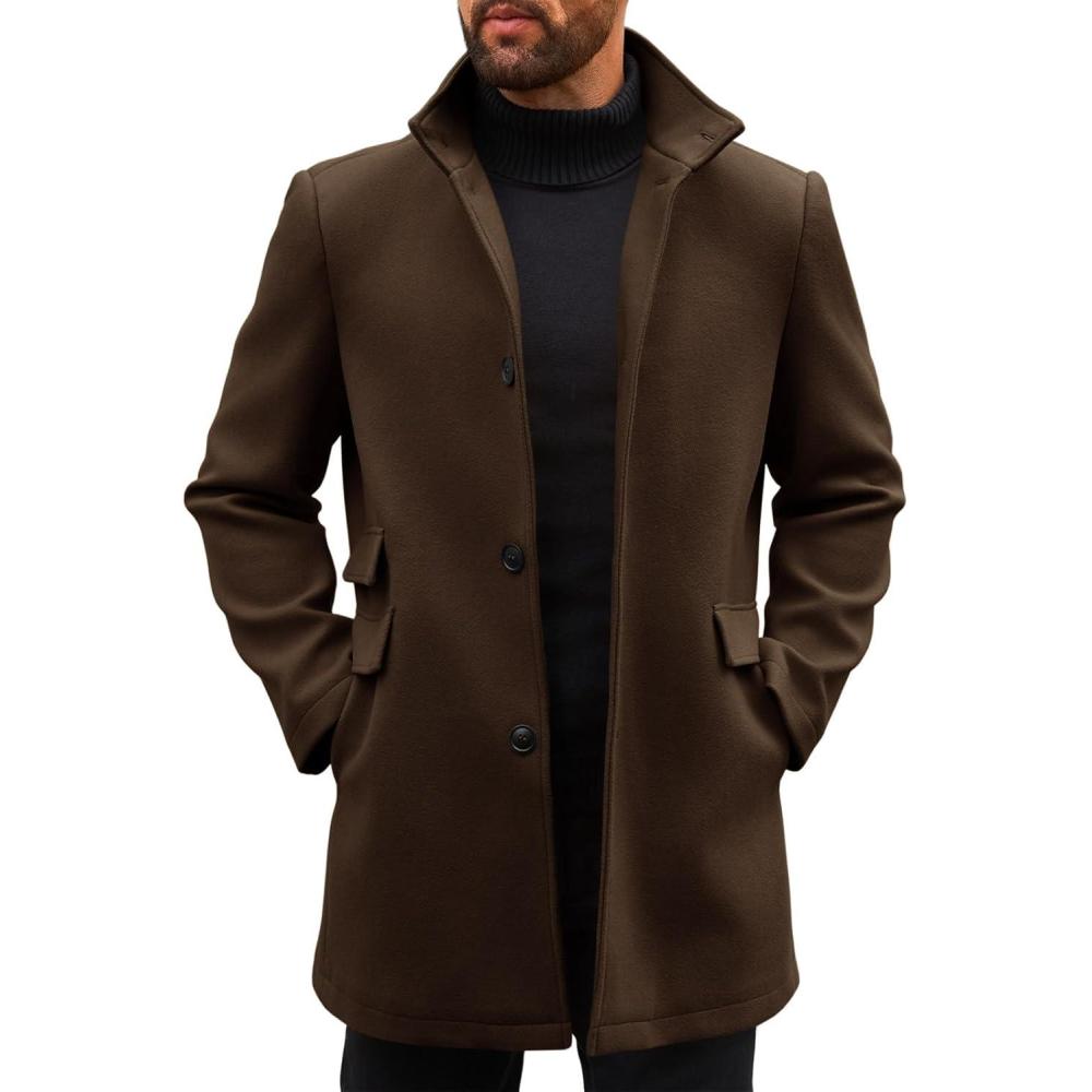 imageRuncati Mens Pea Coats Single Breasted Stand Collar Casual Slim Fit Trench Coat Mid Long Winter Overcoat with PocketsCoffee