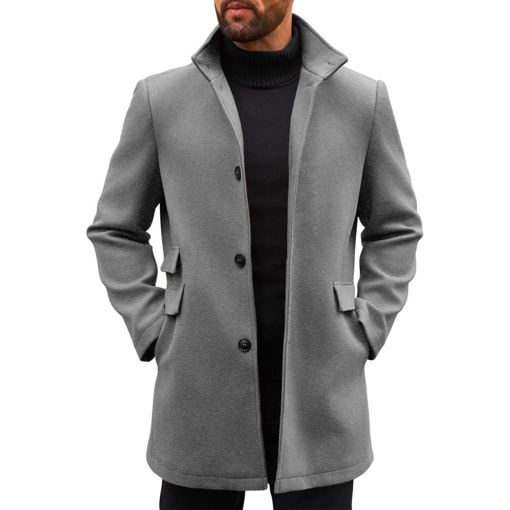 imageRuncati Mens Pea Coats Single Breasted Stand Collar Casual Slim Fit Trench Coat Mid Long Winter Overcoat with PocketsGray