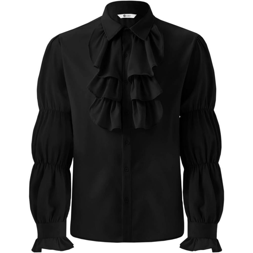 imageRuncati Mens Pirate Shirt Ruffle Victorian Renaissance Vampire Poet Puffy Shirts Gothic Steampunk Medieval CostumeBlack