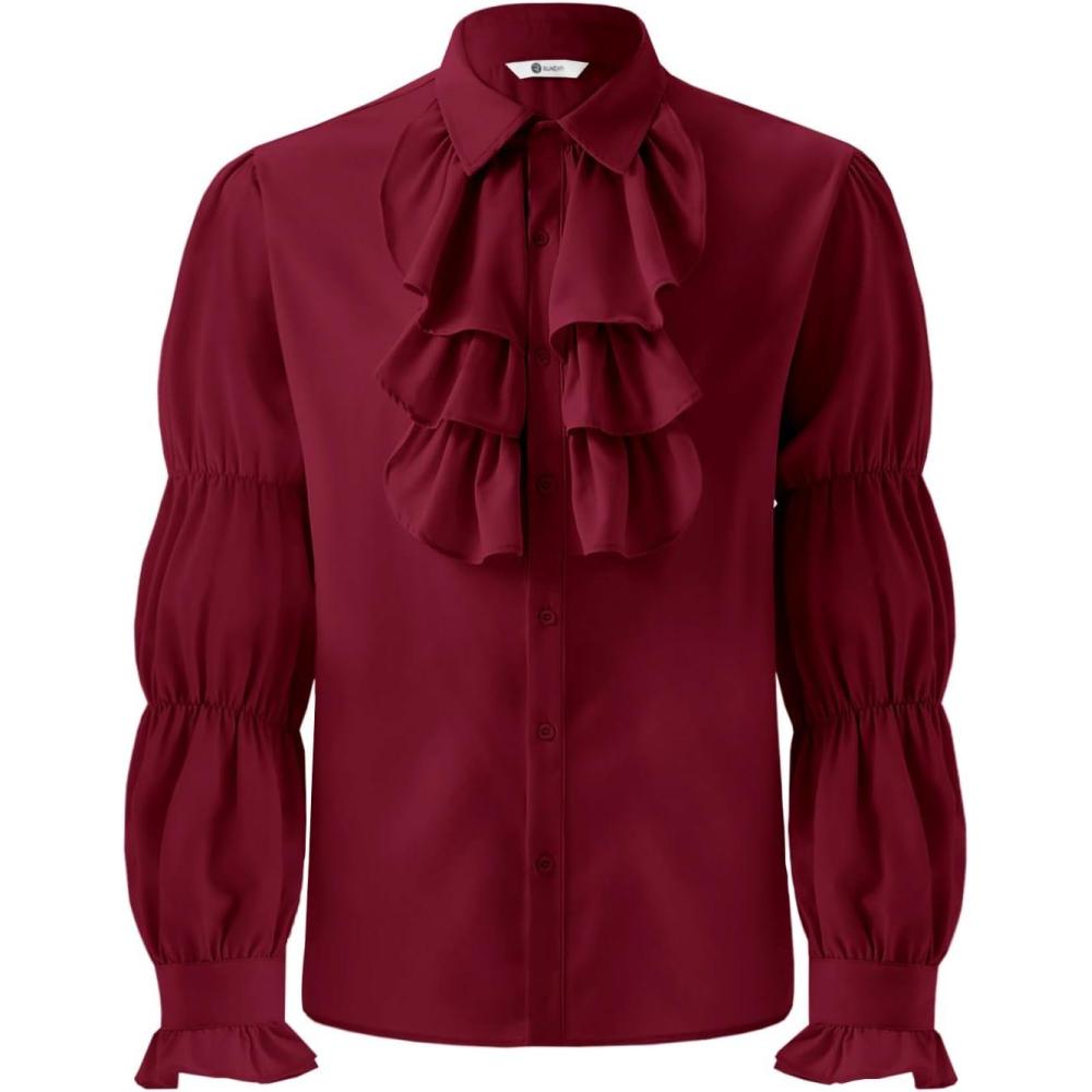 imageRuncati Mens Pirate Shirt Ruffle Victorian Renaissance Vampire Poet Puffy Shirts Gothic Steampunk Medieval CostumeBurgundy