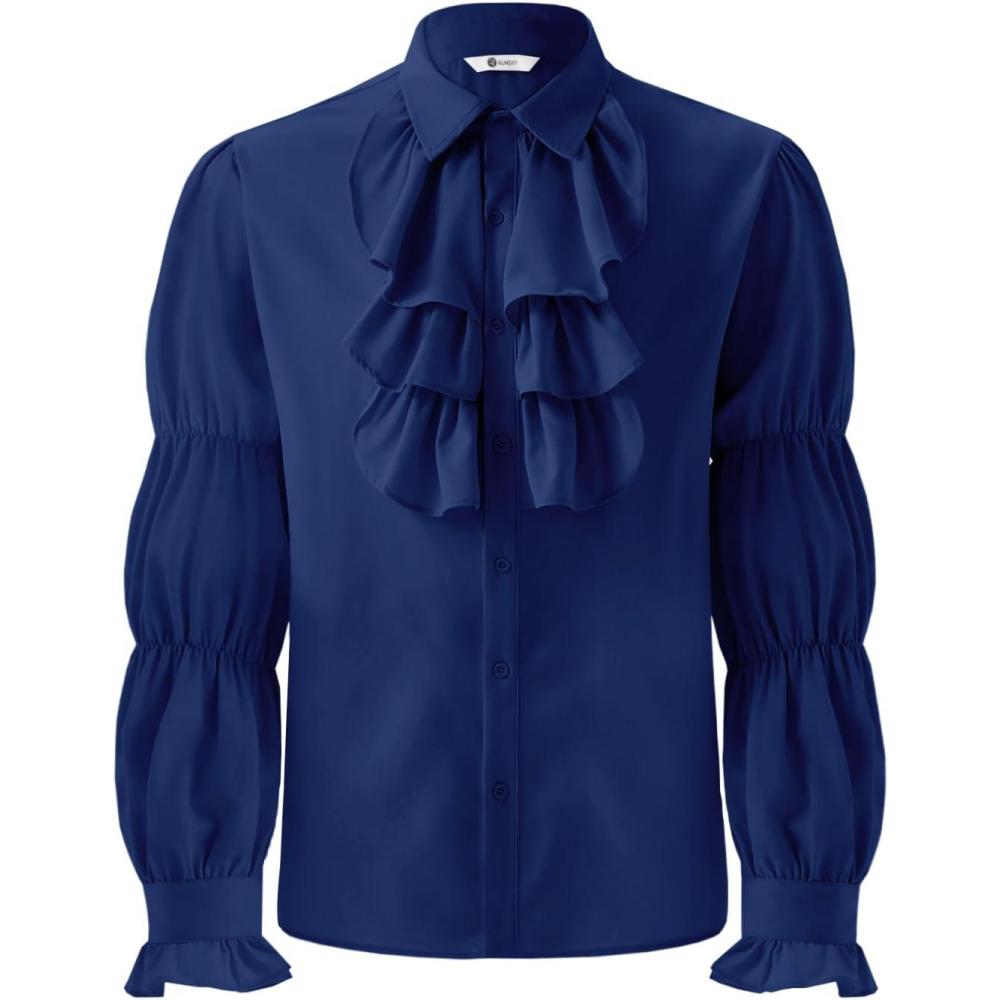 imageRuncati Mens Pirate Shirt Ruffle Victorian Renaissance Vampire Poet Puffy Shirts Gothic Steampunk Medieval CostumeNavy