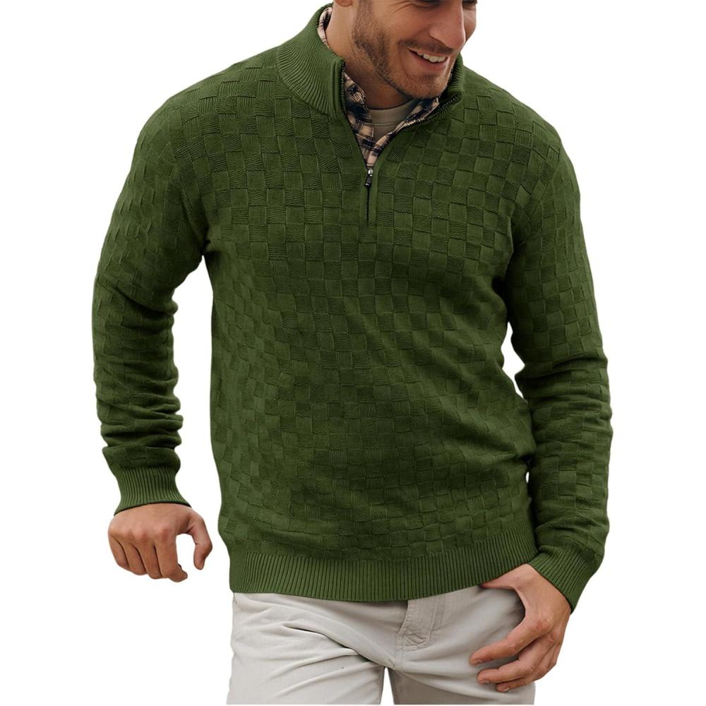 imageRuncati Mens Quarter Zip Pullover Sweater Casual Mock Neck Slim Fit Checkered Knitted Polo SweatersArmy Green