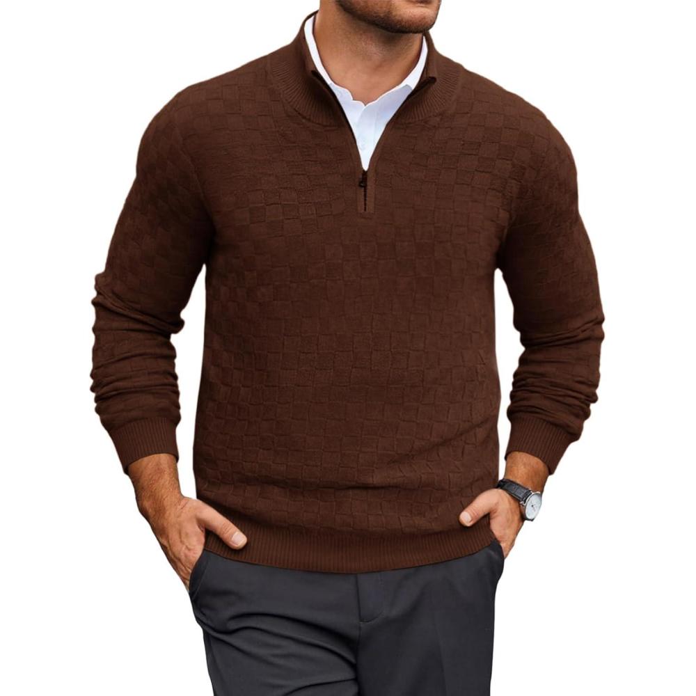 imageRuncati Mens Quarter Zip Pullover Sweater Casual Mock Neck Slim Fit Checkered Knitted Polo SweatersCoffee