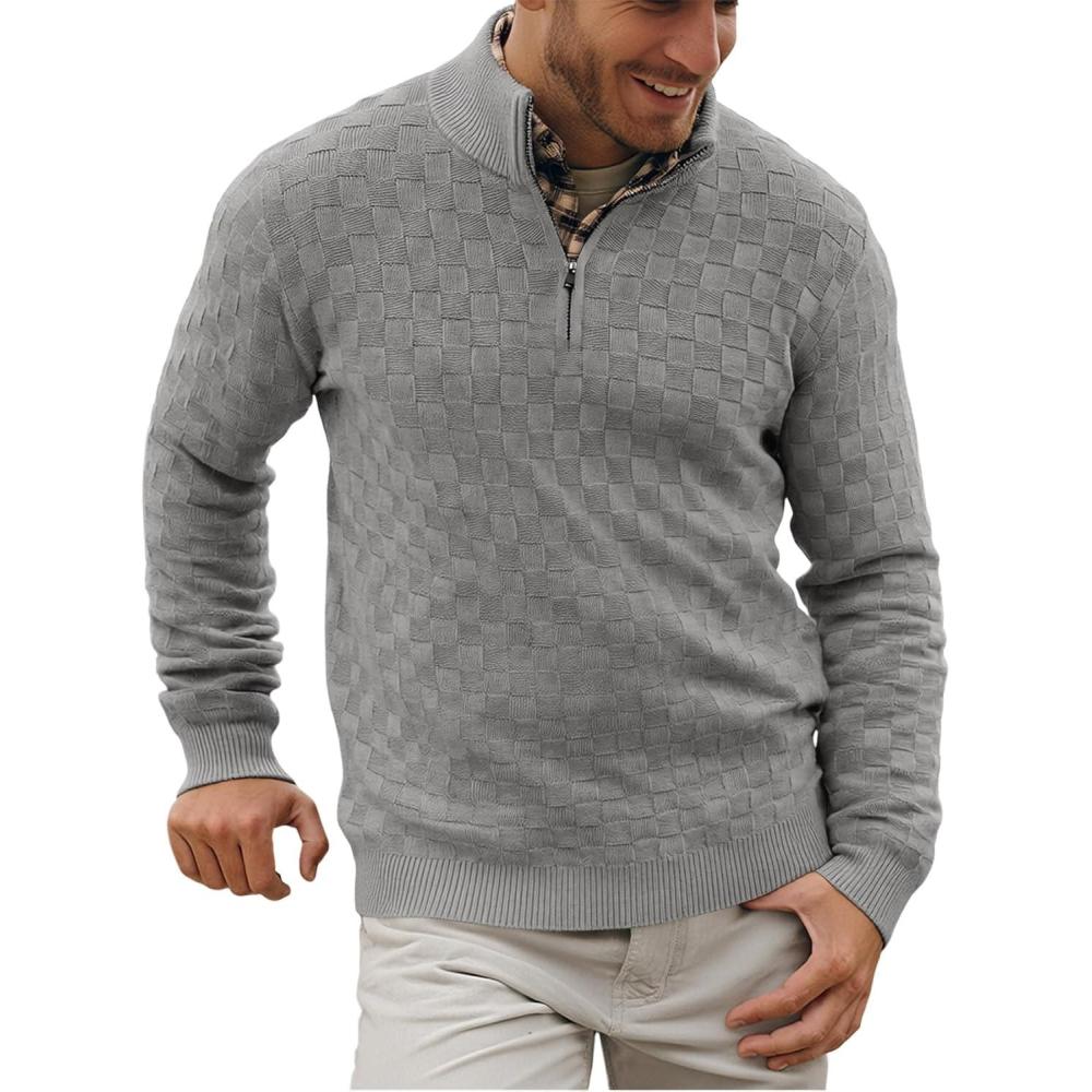 imageRuncati Mens Quarter Zip Pullover Sweater Casual Mock Neck Slim Fit Checkered Knitted Polo SweatersGrey