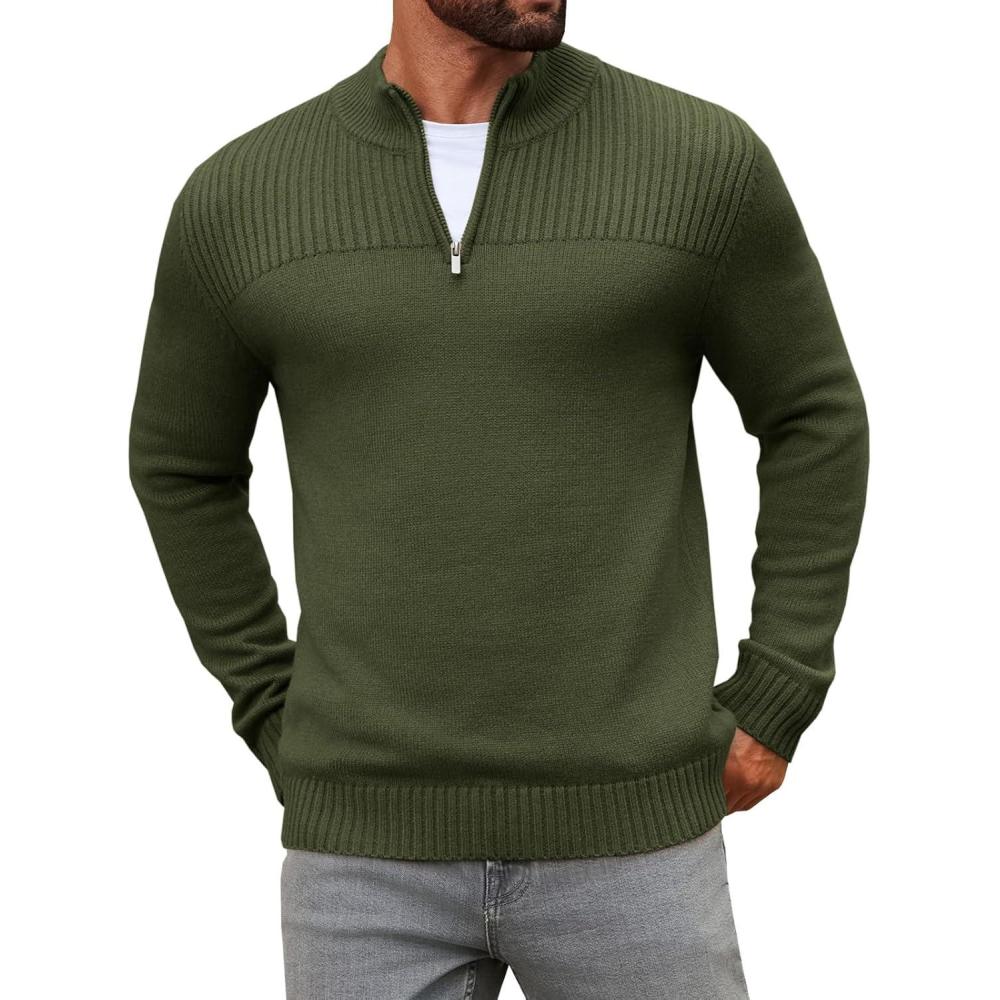 imageRuncati Mens Quarter Zip Sweater Long Sleeve Slim Fit Pullover Mock Neck Casual Ribbed Knit Polo SweatersArmy Green