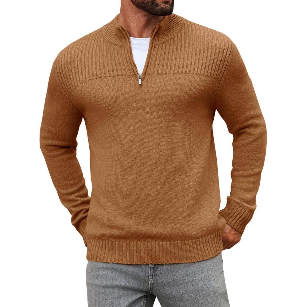 imageRuncati Mens Quarter Zip Sweater Long Sleeve Slim Fit Pullover Mock Neck Casual Ribbed Knit Polo SweatersBrown