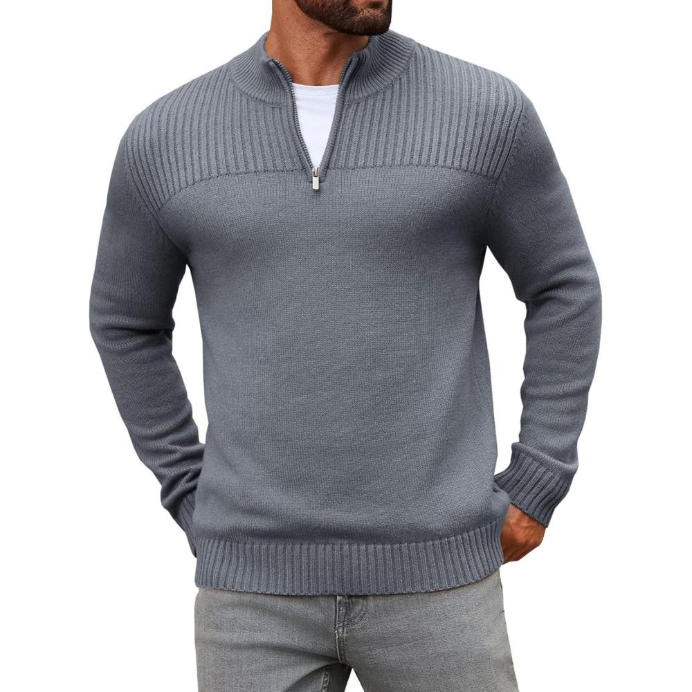 imageRuncati Mens Quarter Zip Sweater Long Sleeve Slim Fit Pullover Mock Neck Casual Ribbed Knit Polo SweatersGrey