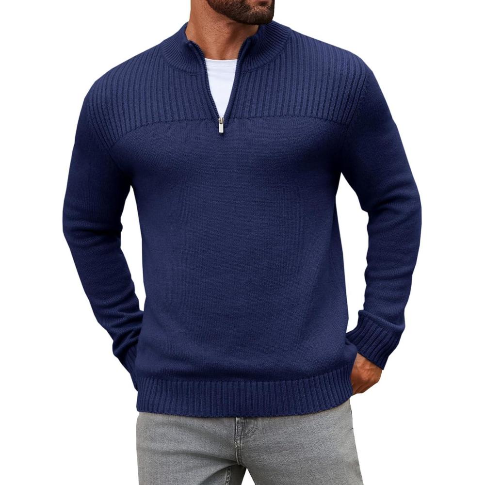 imageRuncati Mens Quarter Zip Sweater Long Sleeve Slim Fit Pullover Mock Neck Casual Ribbed Knit Polo SweatersNavy