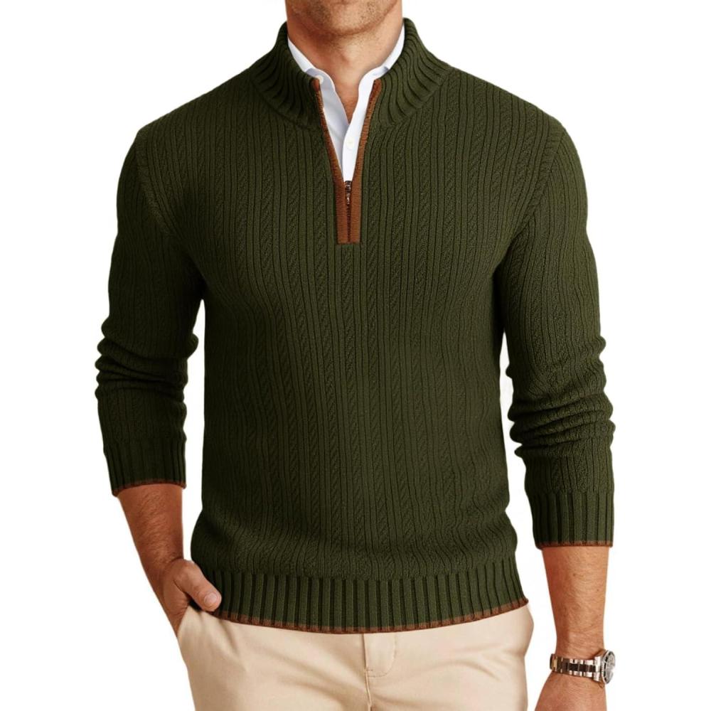 imageRuncati Mens QuarterZip Pullover Sweater Casual Mock Neck Knitted Winter Warm Ribbed Polo SweatersArmy Green