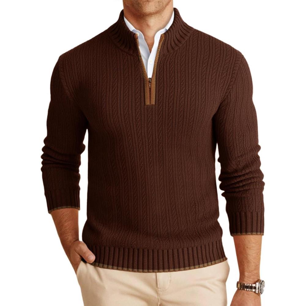 imageRuncati Mens QuarterZip Pullover Sweater Casual Mock Neck Knitted Winter Warm Ribbed Polo SweatersCoffee